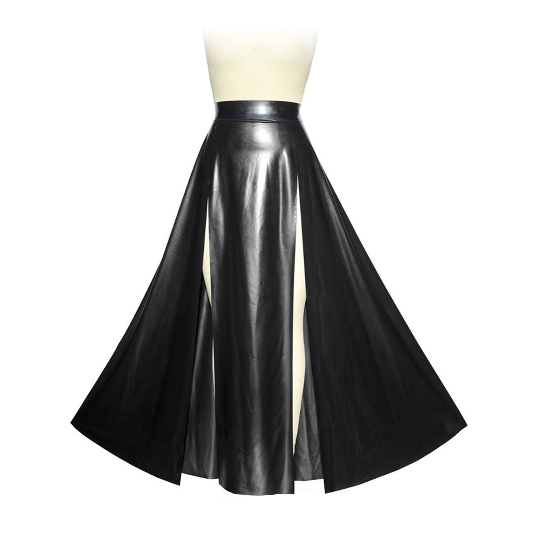 high slit latex skirt, thin latex long skirt with dual slits, full-length fetish latex skirt, dramatic latex fashion bottom, 0.25mm natural latex skirt, Fetish Factory latex wear