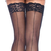 Nylon spandex hosiery stockings pantyhose thigh high thigh-high back seam backseam back-seam lace top lacetop lace-top feminine flirty queen plus intimates black