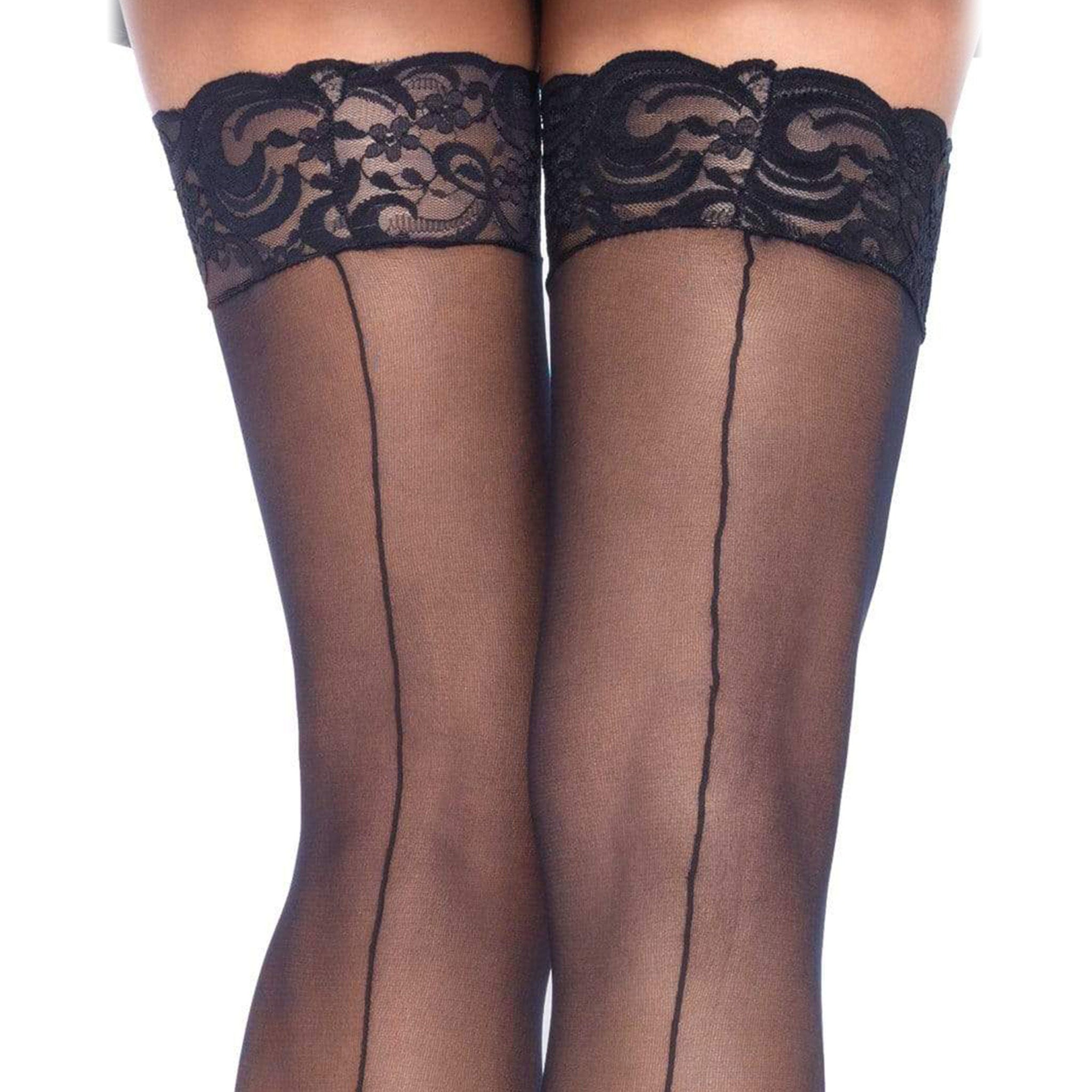 Nylon spandex hosiery stockings pantyhose thigh high thigh-high back seam backseam back-seam lace top lacetop lace-top feminine flirty queen plus intimates black