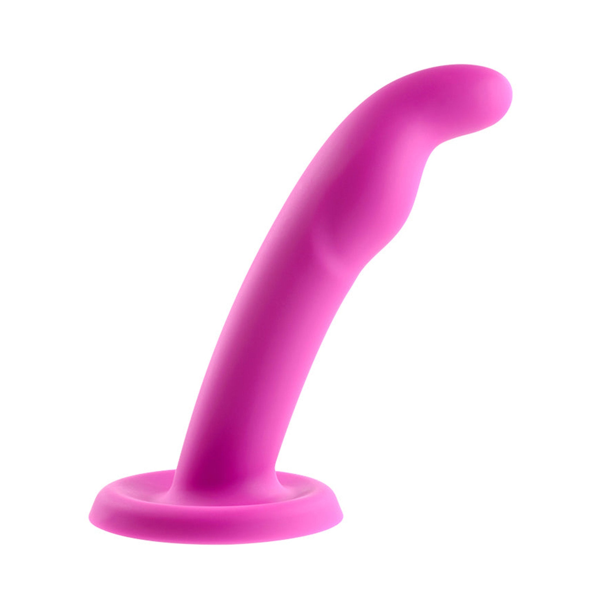 Pink silicone curved dildo, 8-inch, suction cup, harness-compatible, G-Spot and P-Spot stimulation.