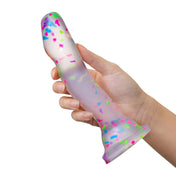 Glow in the Dark Silicone Curved Dildo 7.5in confetti multicolor neon dildo curved shaft for G or P spot stimulation suction cup base harness-compatible adult toy