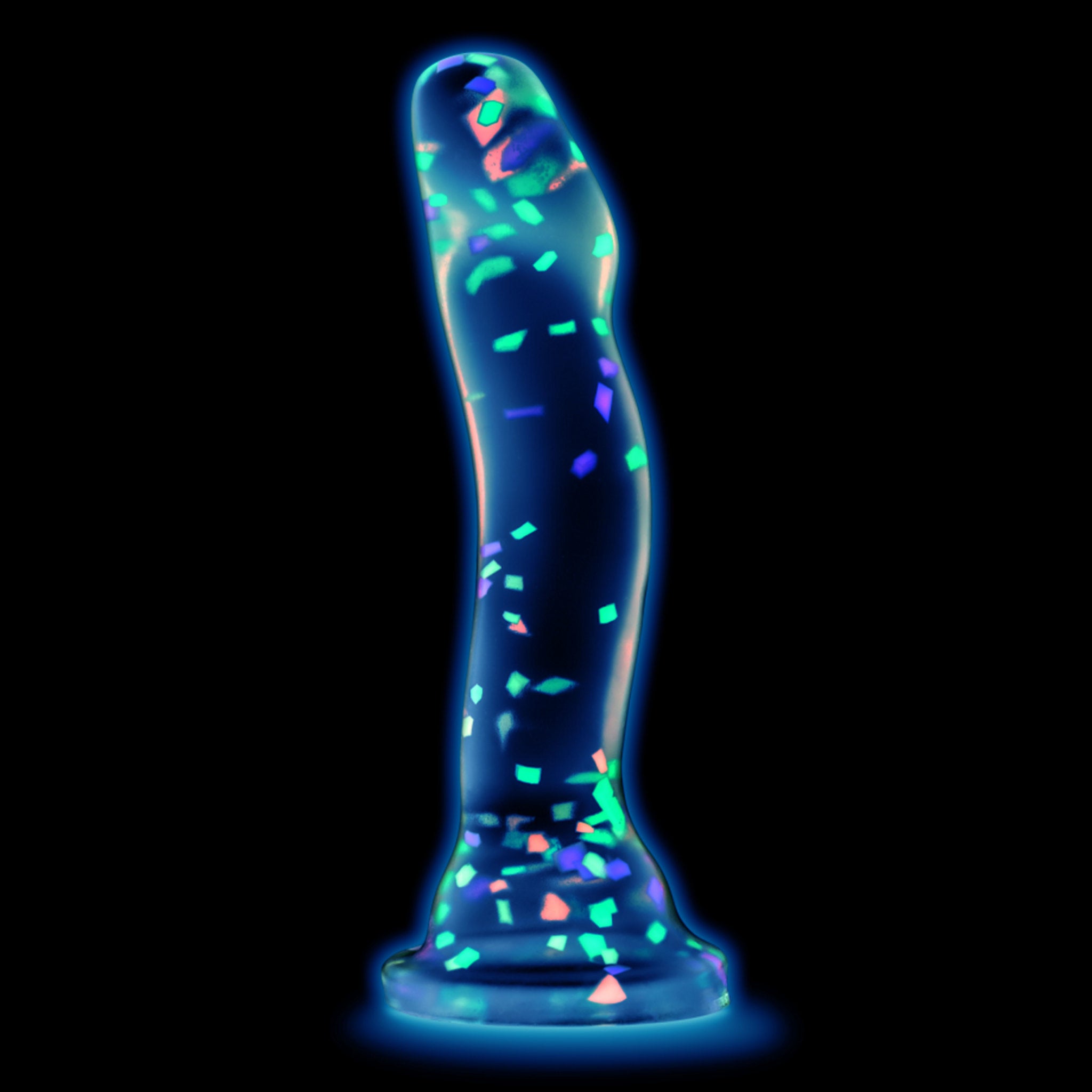 Glow in the Dark Silicone Curved Dildo 7.5in confetti multicolor neon dildo curved shaft for G or P spot stimulation suction cup base harness-compatible adult toy
