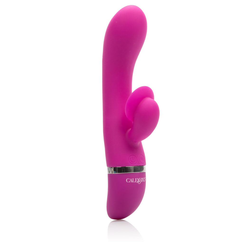 Foreplay Frenzy Climaxer Silicone Rabbit Vibrator in fuchsia with an erotically contoured design, dual motors, 12 functions, and a curved G-spot tip. Waterproof and easy-to-clean.