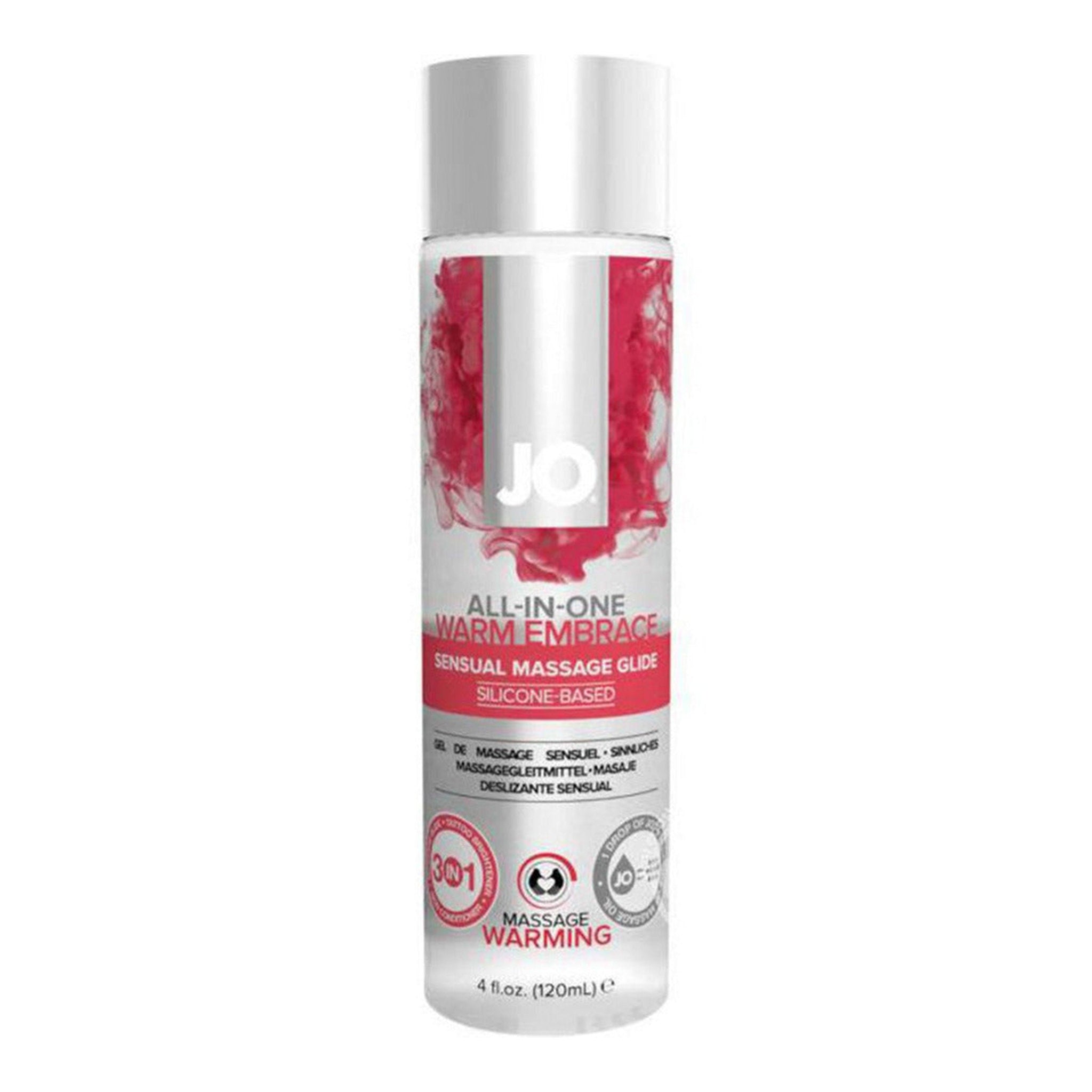 O All-In-One Silicone Warming Massage Glide in a 4 fl. oz. bottle, ideal for a luxurious, warming massage experience and skin conditioning.