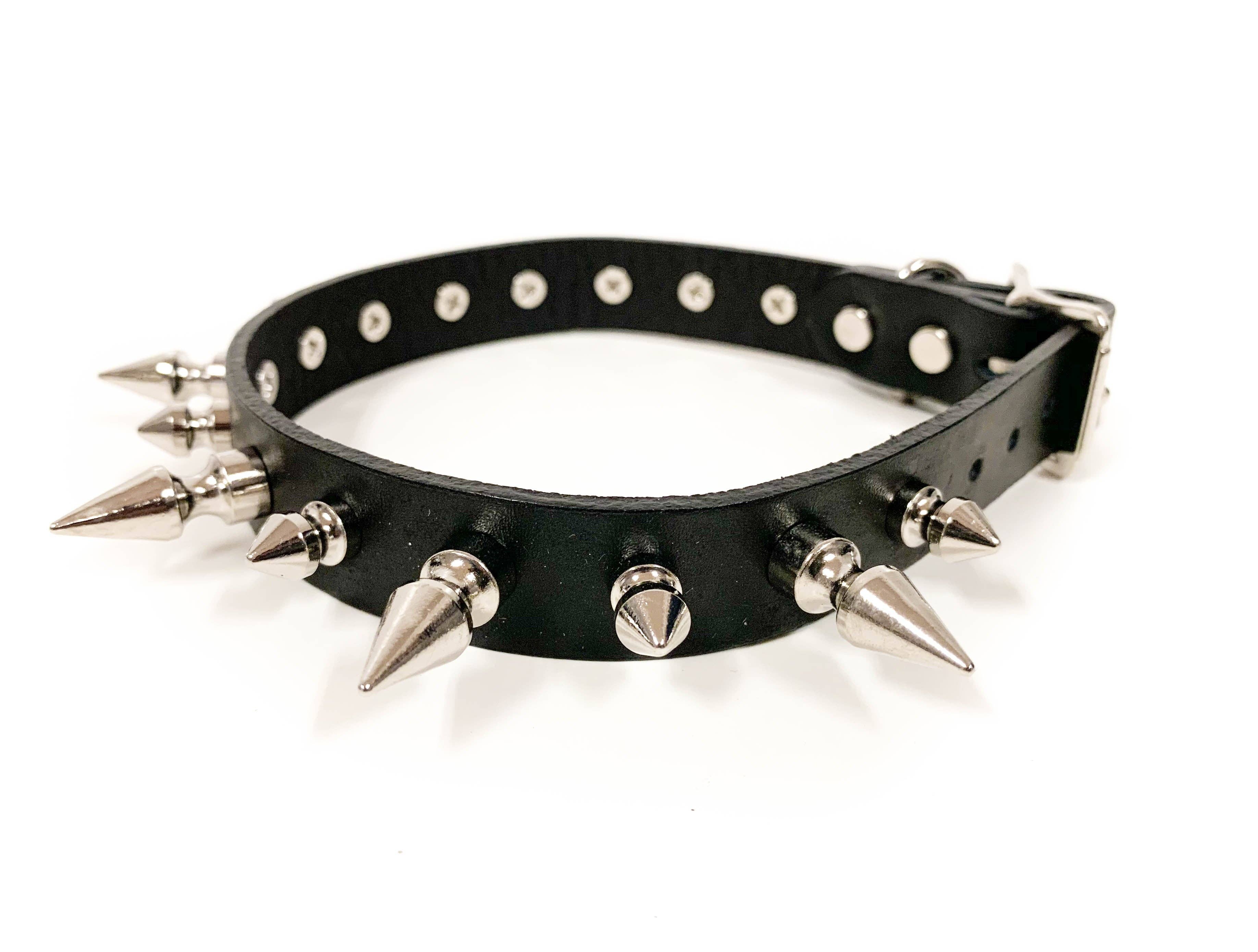 3/4" BLACK LEATHER CHOKER WITH 1/2" AND 1" SPIKES