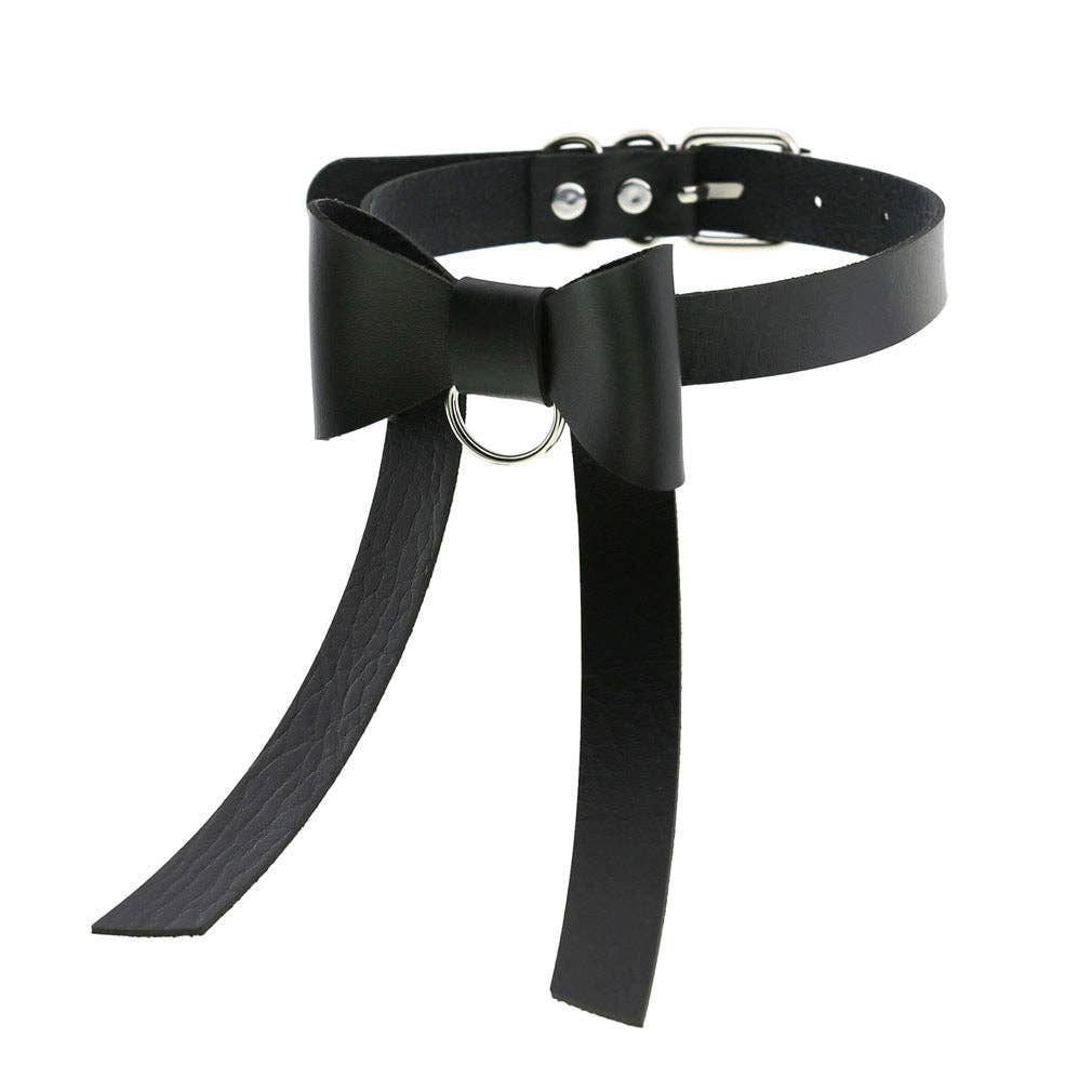 Long PU Leather Bow Choker