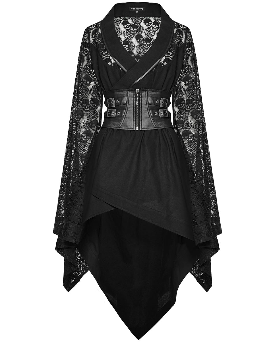 Skull and Rose Lace Asymmetrical Wrap Kimono & Cincher – Gothic kimono with skull and rose lace, featuring an irregular hem and waist-cinching corset – Sexy gothic fashion