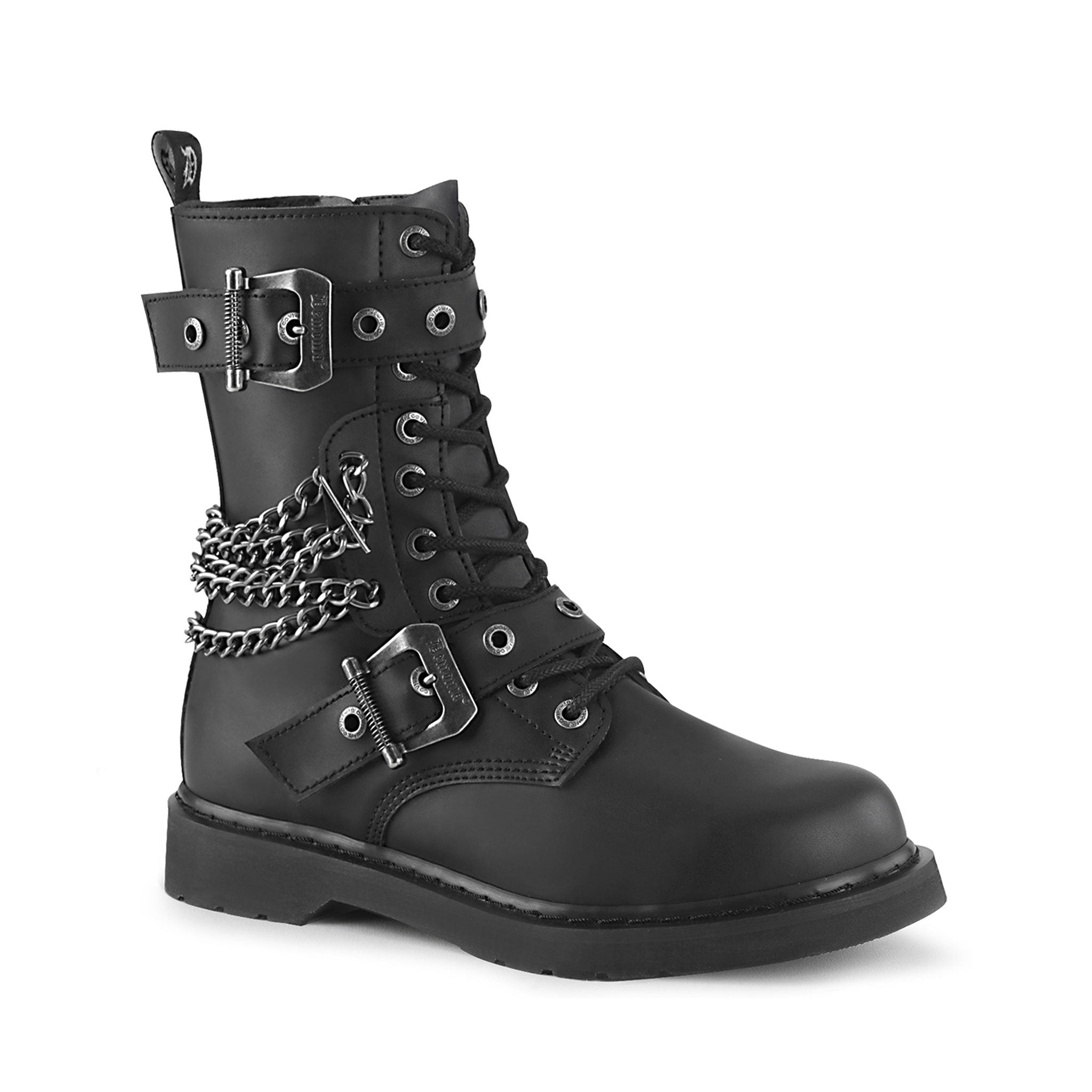 Synthetic textile leather footwear boot mid-calf combat size-zip side zipper 10-eyelet 1.25in-heel laceup lace-up grommet buckle straps chain-detail front-lacing kinky casual rock goth gothic punk alt-fashion fetish fashion male masc masculine mens guys dudes unisex black