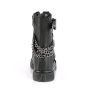 Synthetic textile leather footwear boot mid-calf combat size-zip side zipper 10-eyelet 1.25in-heel laceup lace-up grommet buckle straps chain-detail front-lacing kinky casual rock goth gothic punk alt-fashion fetish fashion male masc masculine mens guys dudes unisex black