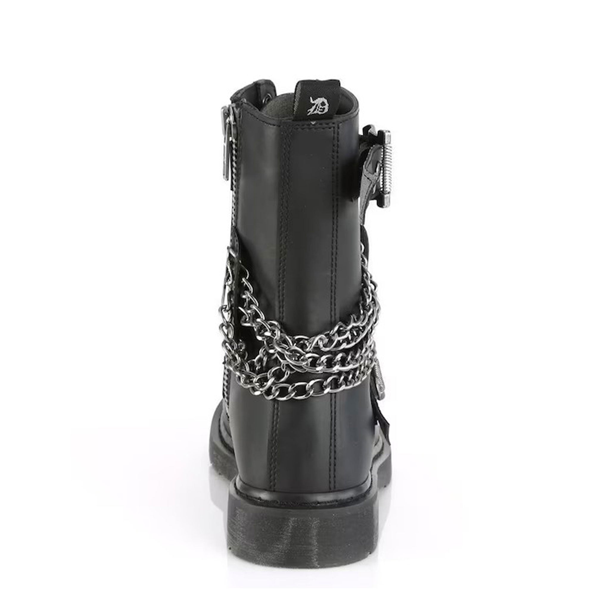 Synthetic textile leather footwear boot mid-calf combat size-zip side zipper 10-eyelet 1.25in-heel laceup lace-up grommet buckle straps chain-detail front-lacing kinky casual rock goth gothic punk alt-fashion fetish fashion male masc masculine mens guys dudes unisex black