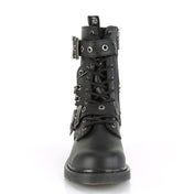 Synthetic textile leather footwear boot mid-calf combat size-zip side zipper 10-eyelet 1.25in-heel laceup lace-up grommet buckle straps chain-detail front-lacing kinky casual rock goth gothic punk alt-fashion fetish fashion male masc masculine mens guys dudes unisex black