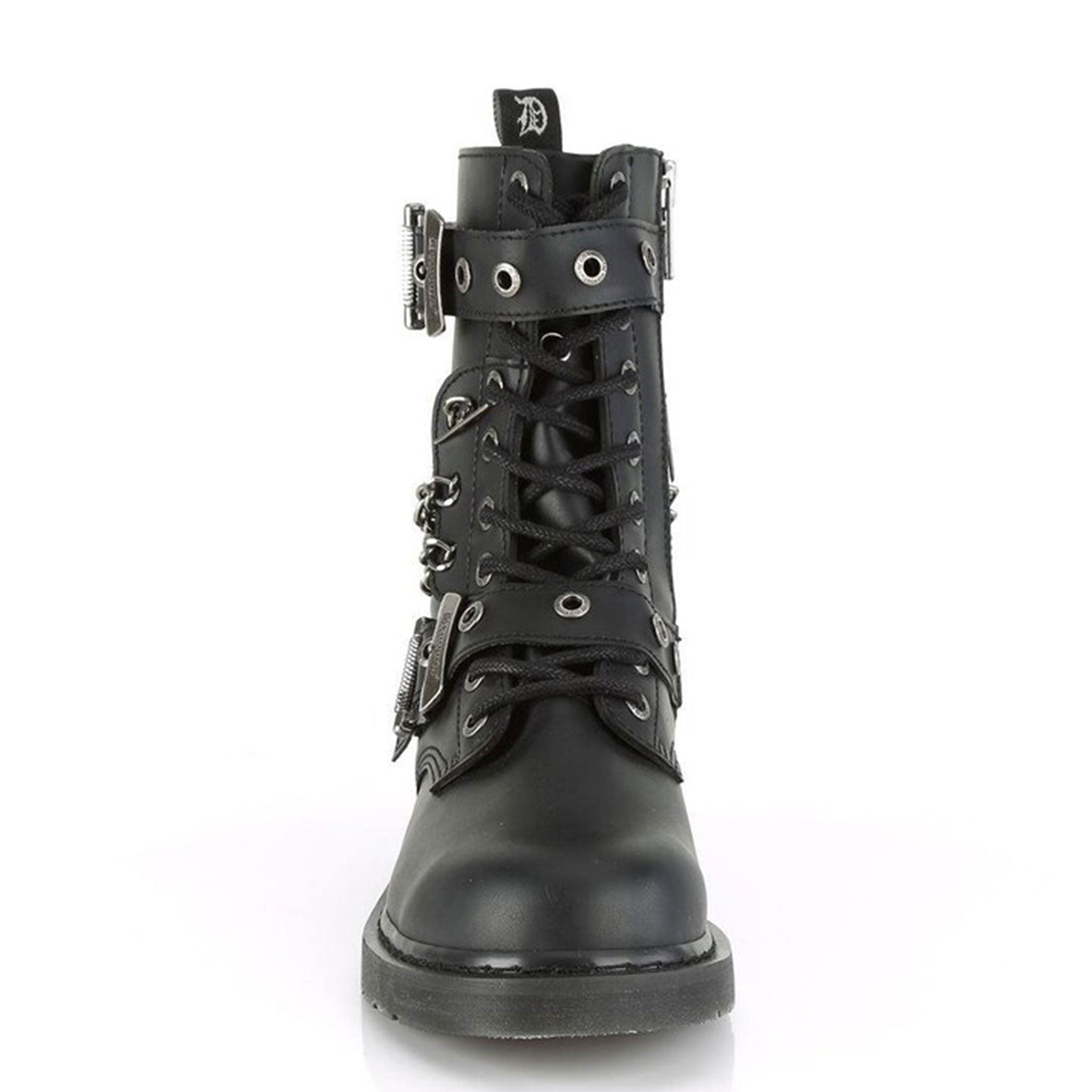 Synthetic textile leather footwear boot mid-calf combat size-zip side zipper 10-eyelet 1.25in-heel laceup lace-up grommet buckle straps chain-detail front-lacing kinky casual rock goth gothic punk alt-fashion fetish fashion male masc masculine mens guys dudes unisex black