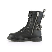 Synthetic textile leather footwear boot mid-calf combat size-zip side zipper 10-eyelet 1.25in-heel laceup lace-up grommet buckle straps chain-detail front-lacing kinky casual rock goth gothic punk alt-fashion fetish fashion male masc masculine mens guys dudes unisex black