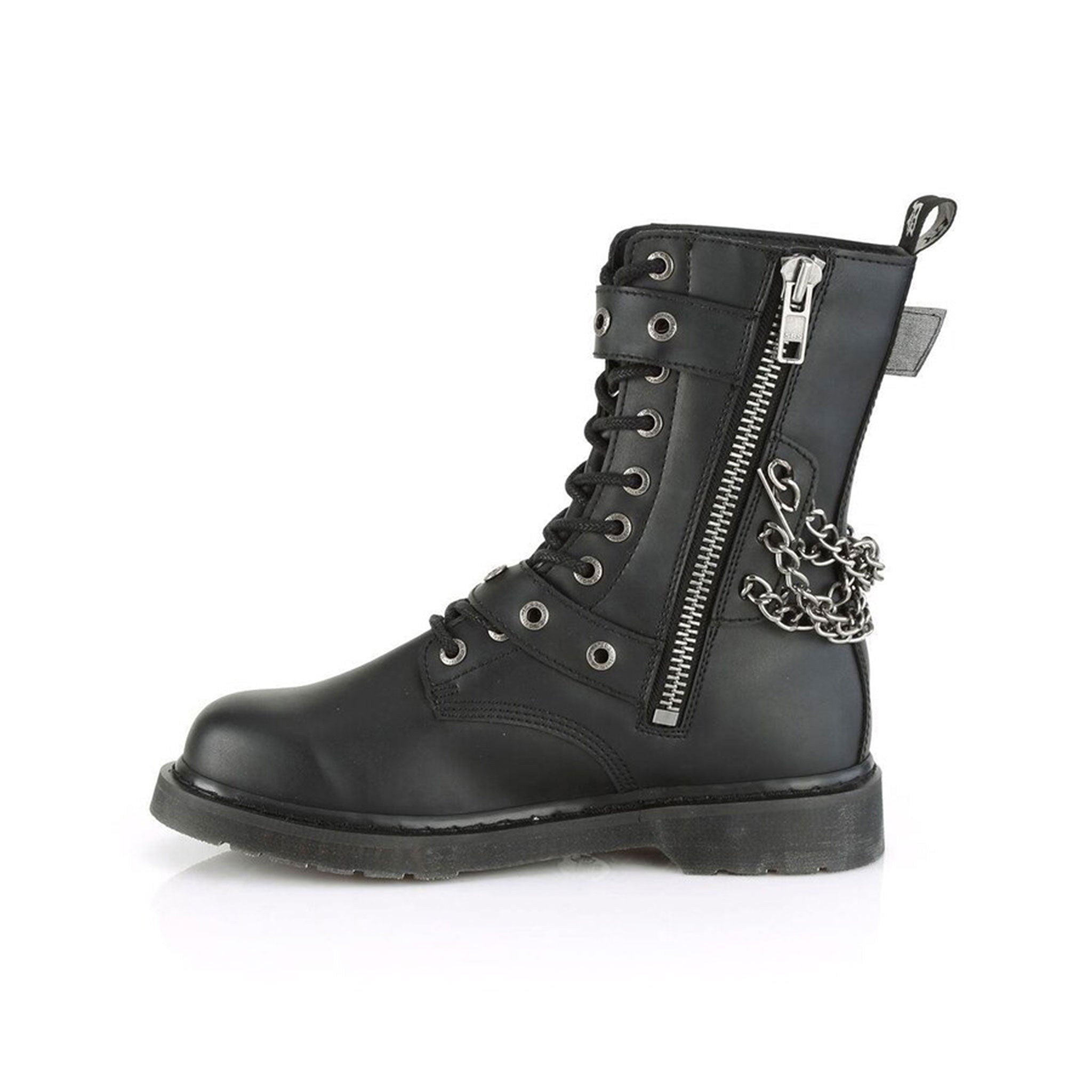 Synthetic textile leather footwear boot mid-calf combat size-zip side zipper 10-eyelet 1.25in-heel laceup lace-up grommet buckle straps chain-detail front-lacing kinky casual rock goth gothic punk alt-fashion fetish fashion male masc masculine mens guys dudes unisex black