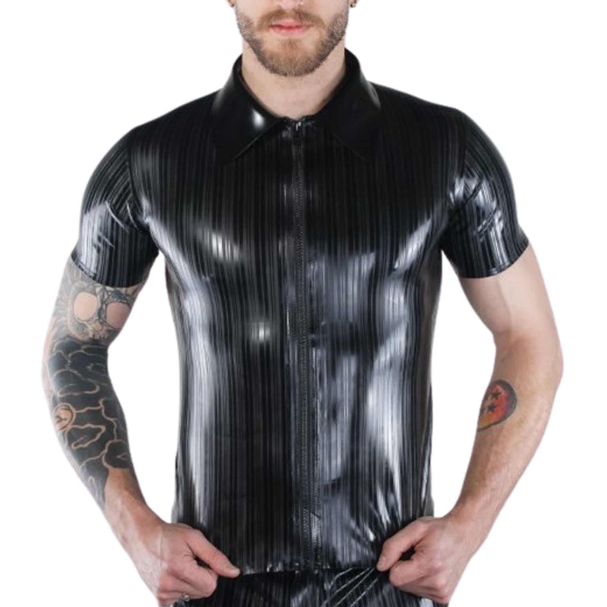 Latex Zipper Front Striped Short Sleeve Collar Shirt