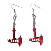 Bloody Axe Earrings horror jewelry, bold and edgy red axe design, perfect for Halloween, gothic accessories, killer statement earrings, sharp and bold earrings for horror lovers.