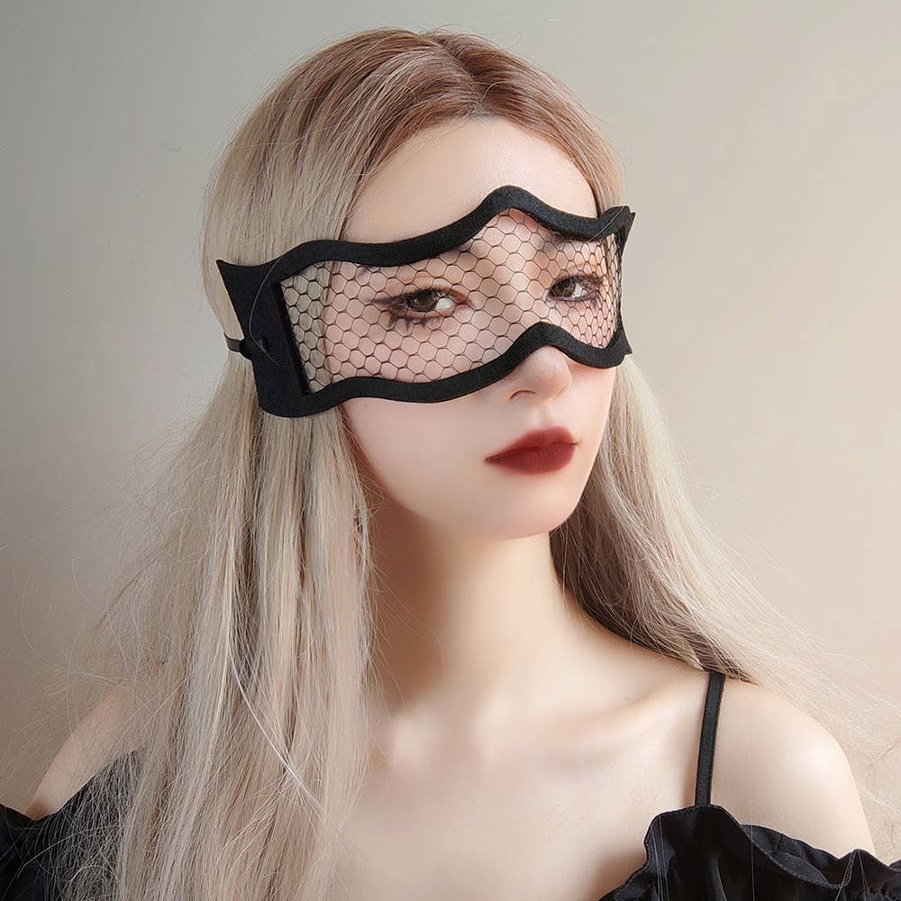 black lace party eye mask soft felt frame wide fishnet design adjustable satin ribbon