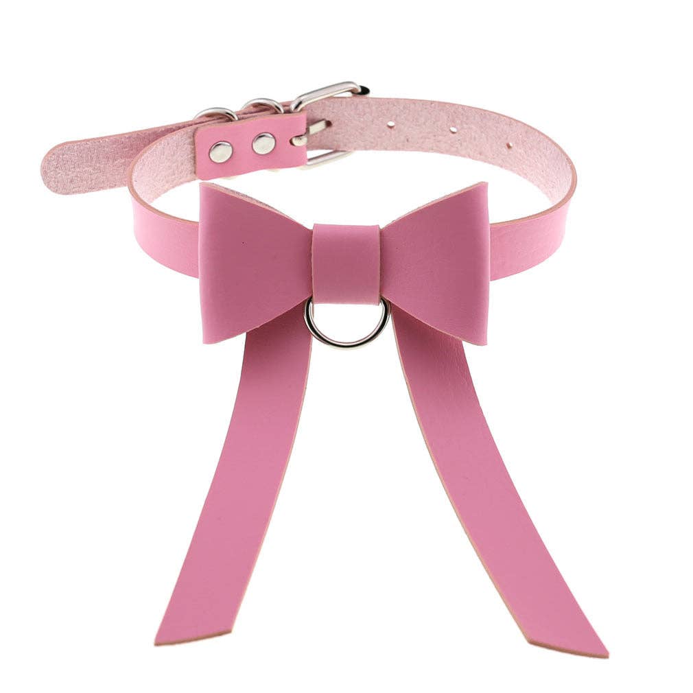 Long PU Leather Bow Choker