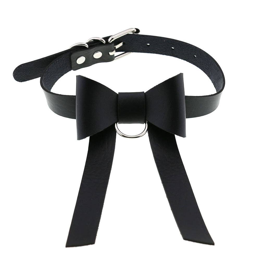 Long PU Leather Bow Choker