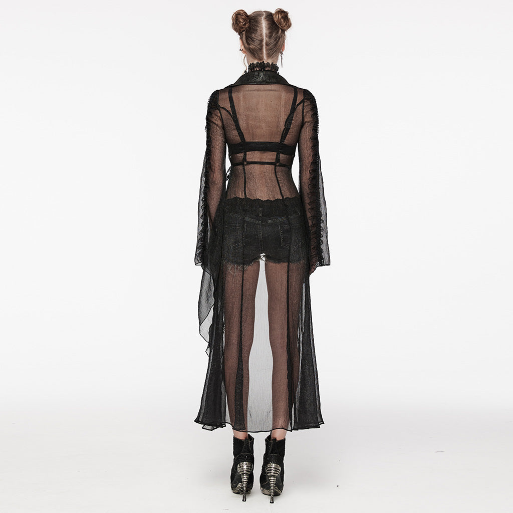 Soft Mesh Waterfall Sleeves Wrap Duster – Sheer mesh duster with dramatic waterfall sleeves and wrap design – Fetish lingerie cover-up
