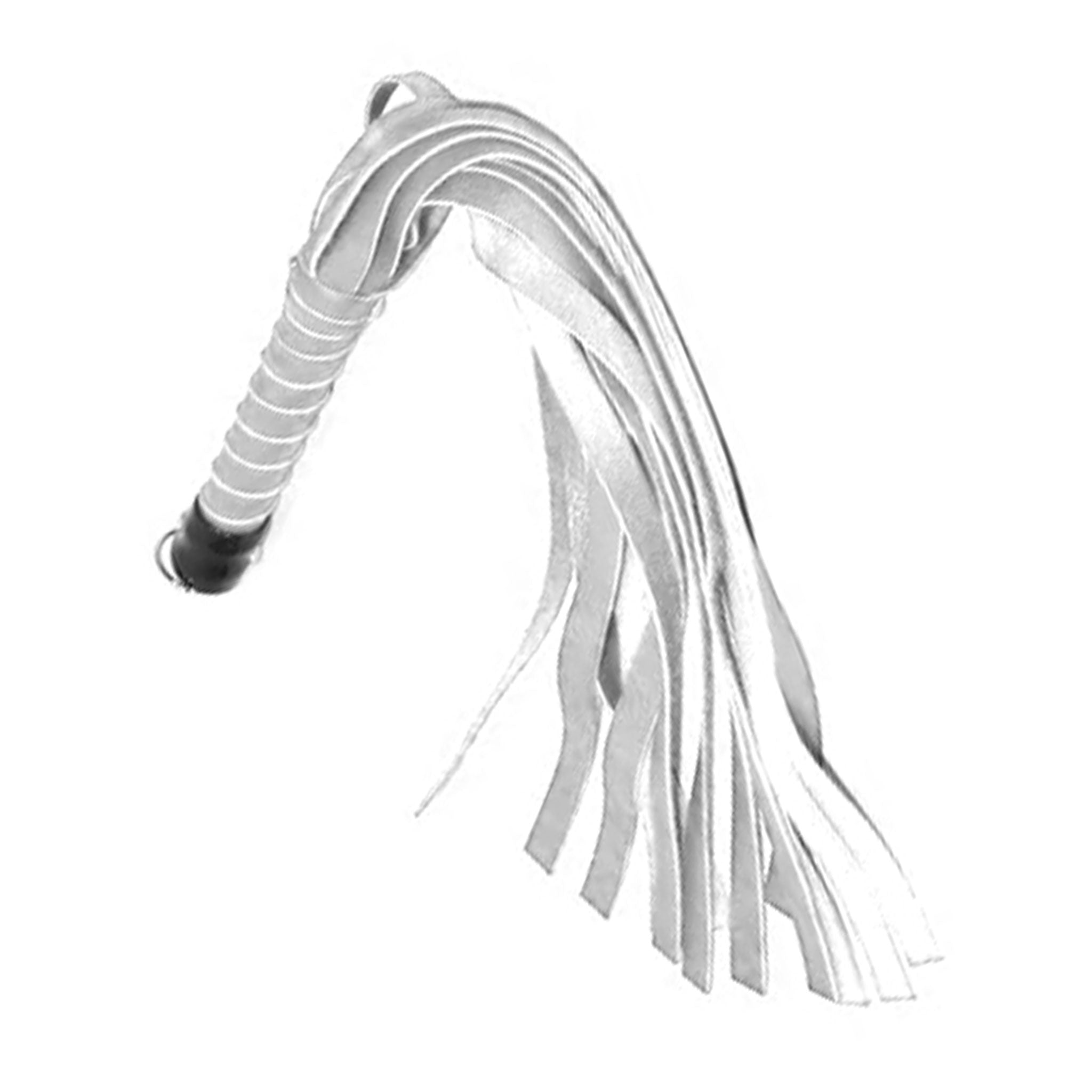 Leather genuine-leather rubber whip flogger falls wide-falls wrapped-handle leather-wrapped D-ring rubber-capped bondage bdsm bdsm-toys bdsm-gear sadism masochism sadomasochism pain impact impact-play impact-toys adult-toys white