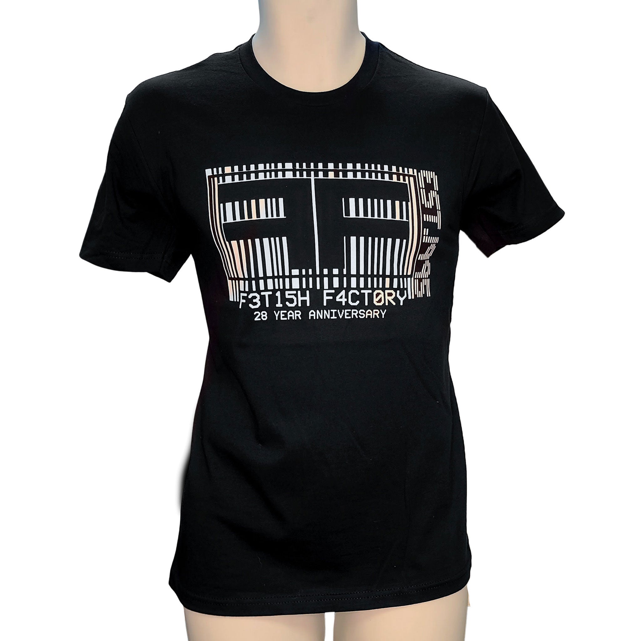 Cotton apparel tops shirt t-shirt tshirt shortsleeve short-sleeve sleeves sleeved crewneck crew-neck branded branding ff-logo logo-gear FFW28 28-anniversary barcode-logo barcode cool unapologetic exclusive fetish fashion alt-fashion punk rock goth gothic cyber cyberpunk kink kinky kinkwear kinkster gifts unisex black white