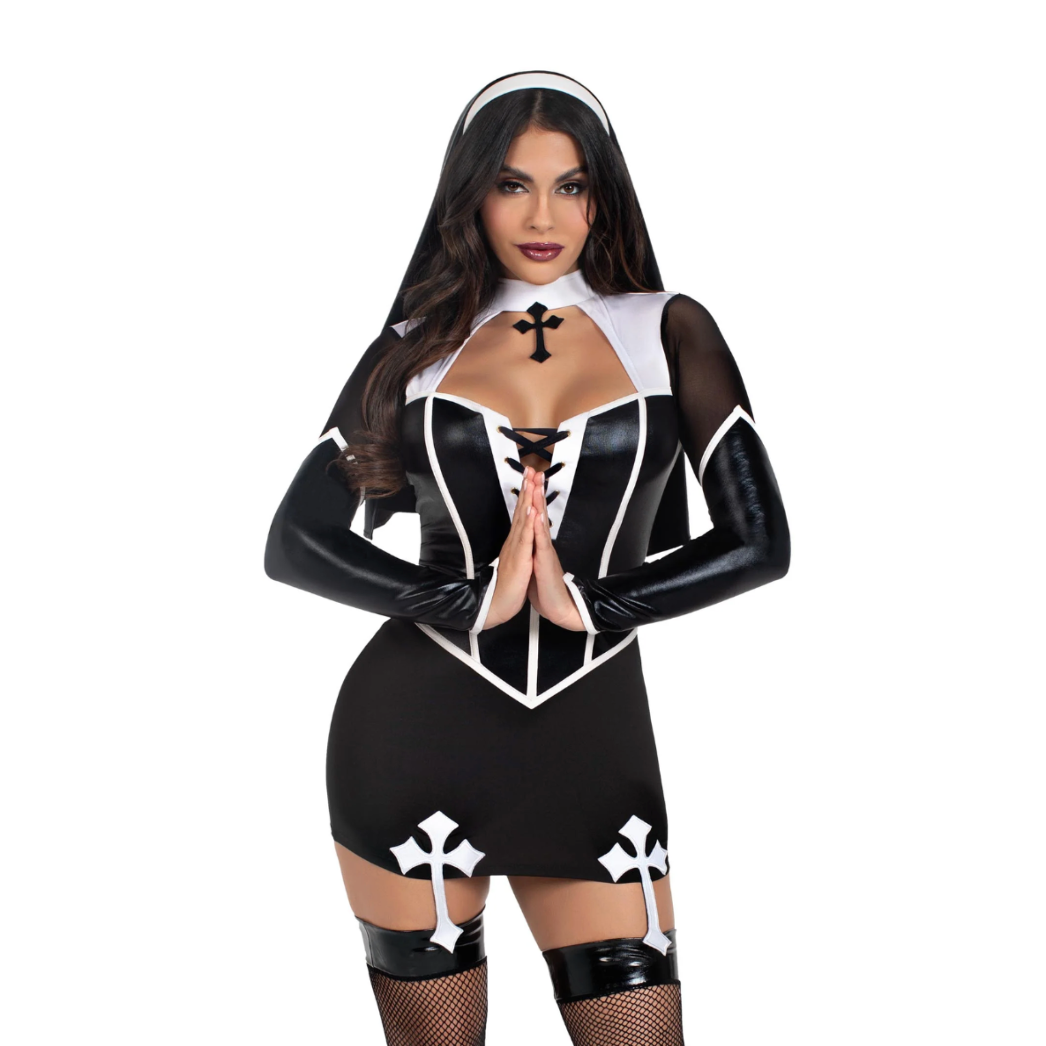 holy hottie nun costume 2 piece garter dress cross accents habit sexy halloween costume fetish factory