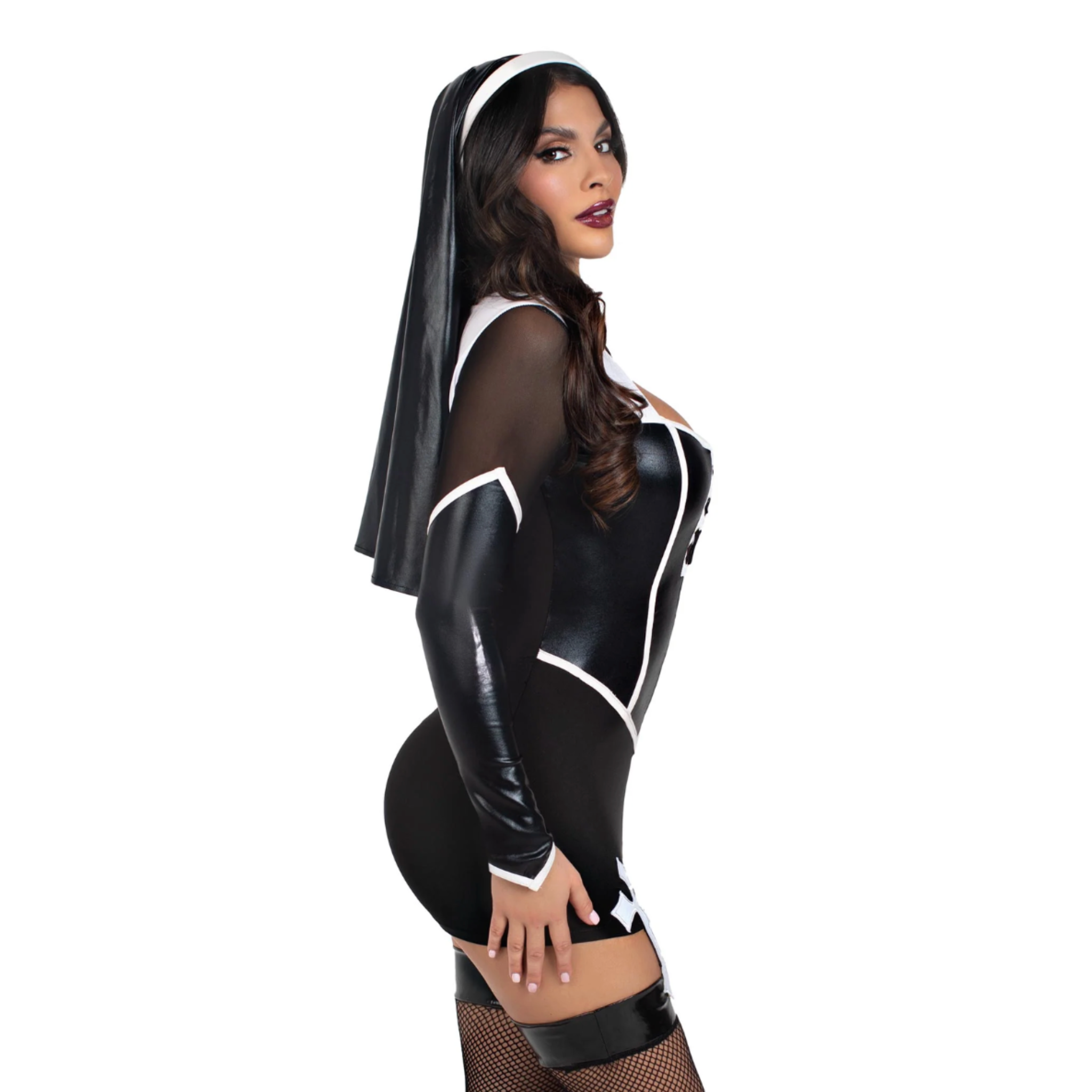 holy hottie nun costume 2 piece garter dress cross accents habit sexy halloween costume fetish factory
