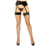 PVC vinyl glossy hosiery stockings attached fishnet fish-net fish net pattern thigh-high thigh-hi form-flattering intimates lingerie sexy slutty 2-piece 2-pc two-piece women womens female feminine femme accessories black