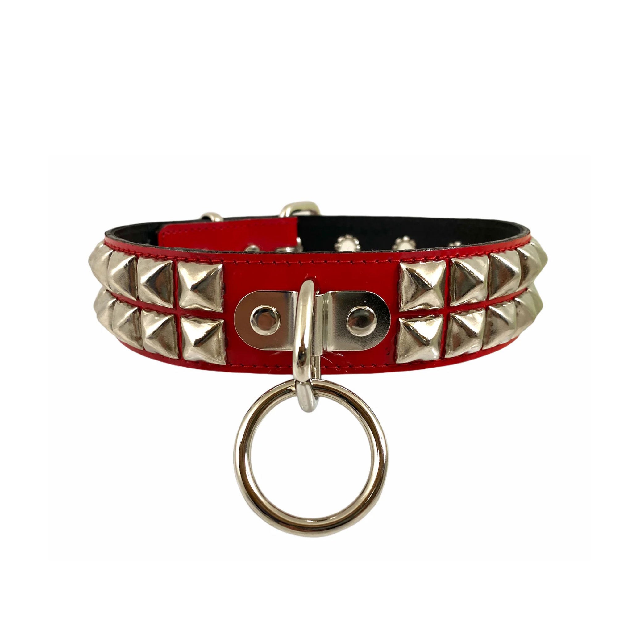 Leather patent choker collar stud studs studded pyramid double-row lockplate lock-plate lock plate O-ring front-mounted pentagon pentagonal adjustable buckle bondage bdsm fetish fashion punk goth gothic rave rave-wear unisex accessories red