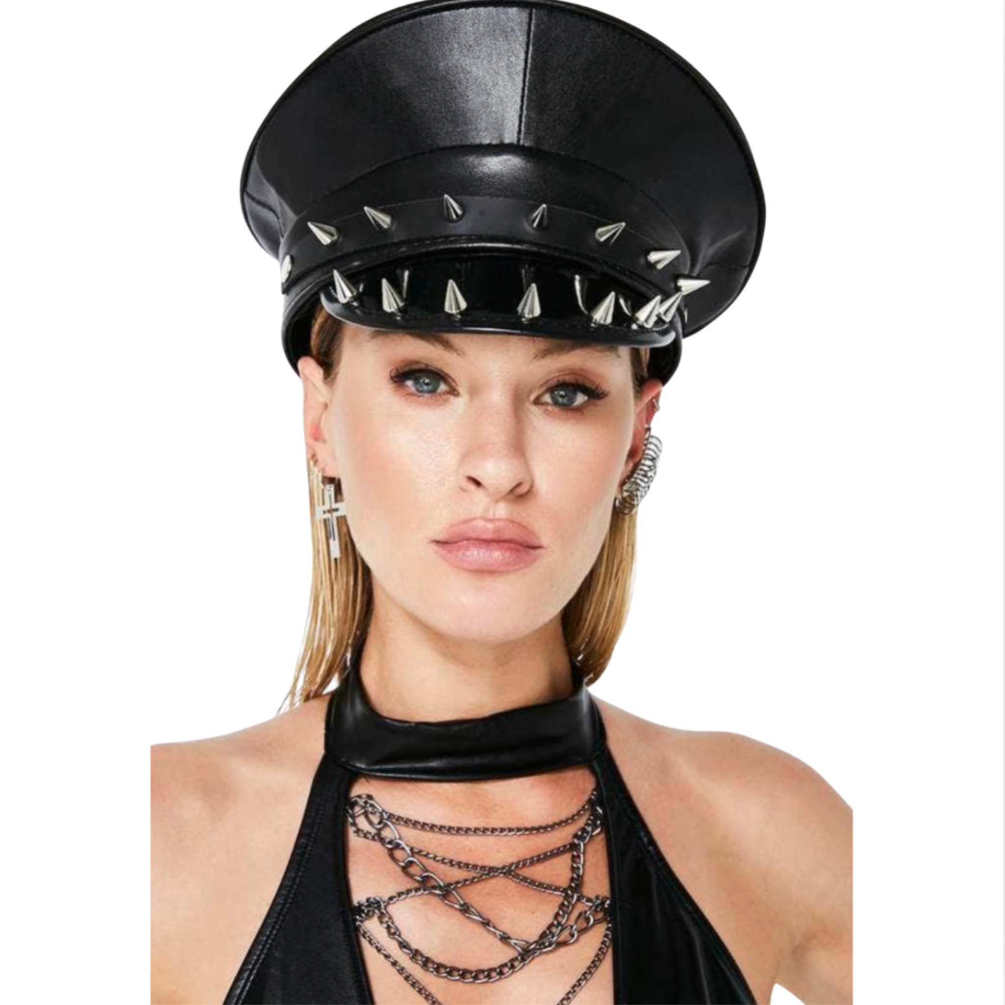 cone spike captain hat police style fetish gothic headwear vegan leather dual row metal spikes unisex accessory