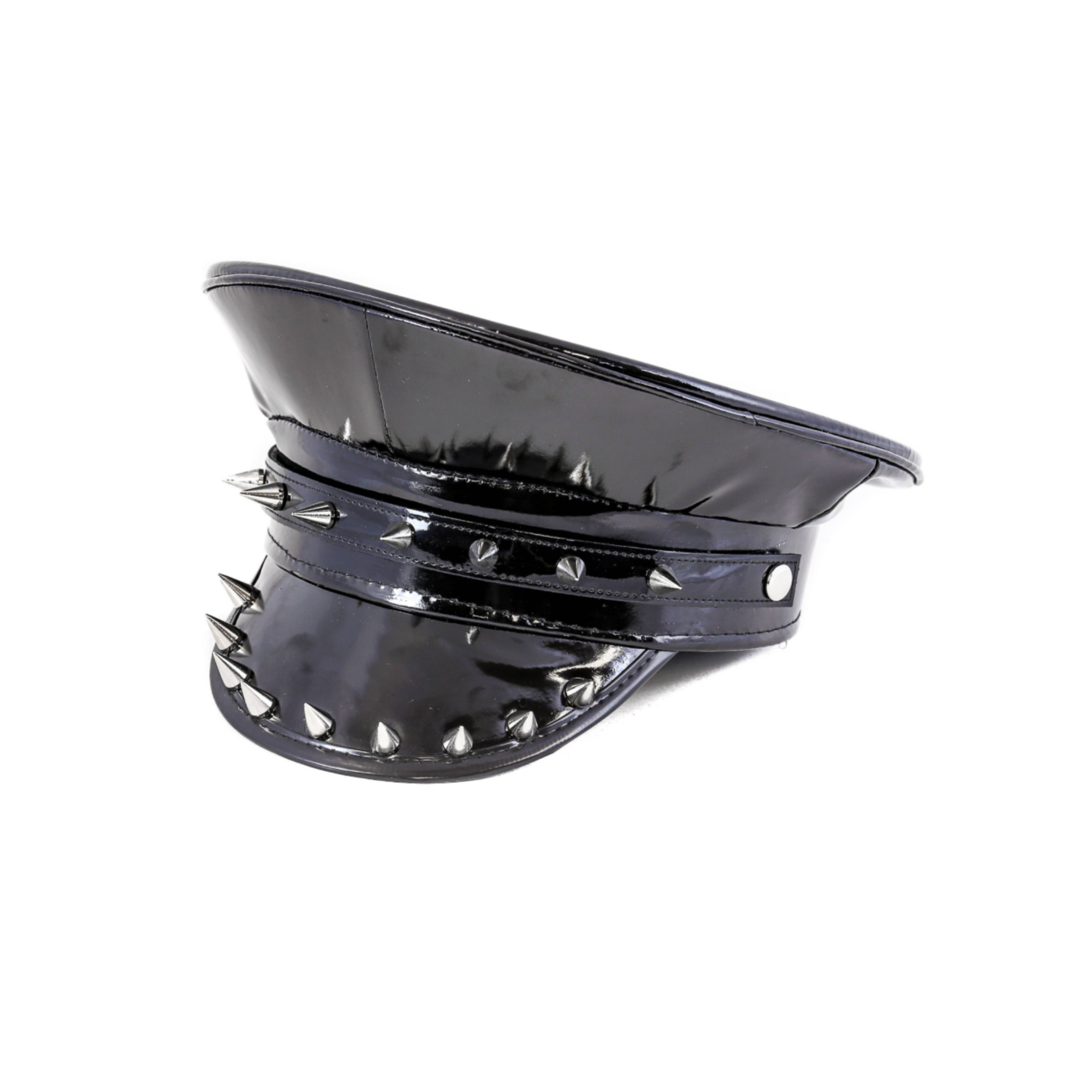 cone spike captain hat police style fetish gothic headwear vegan leather dual row metal spikes unisex accessory