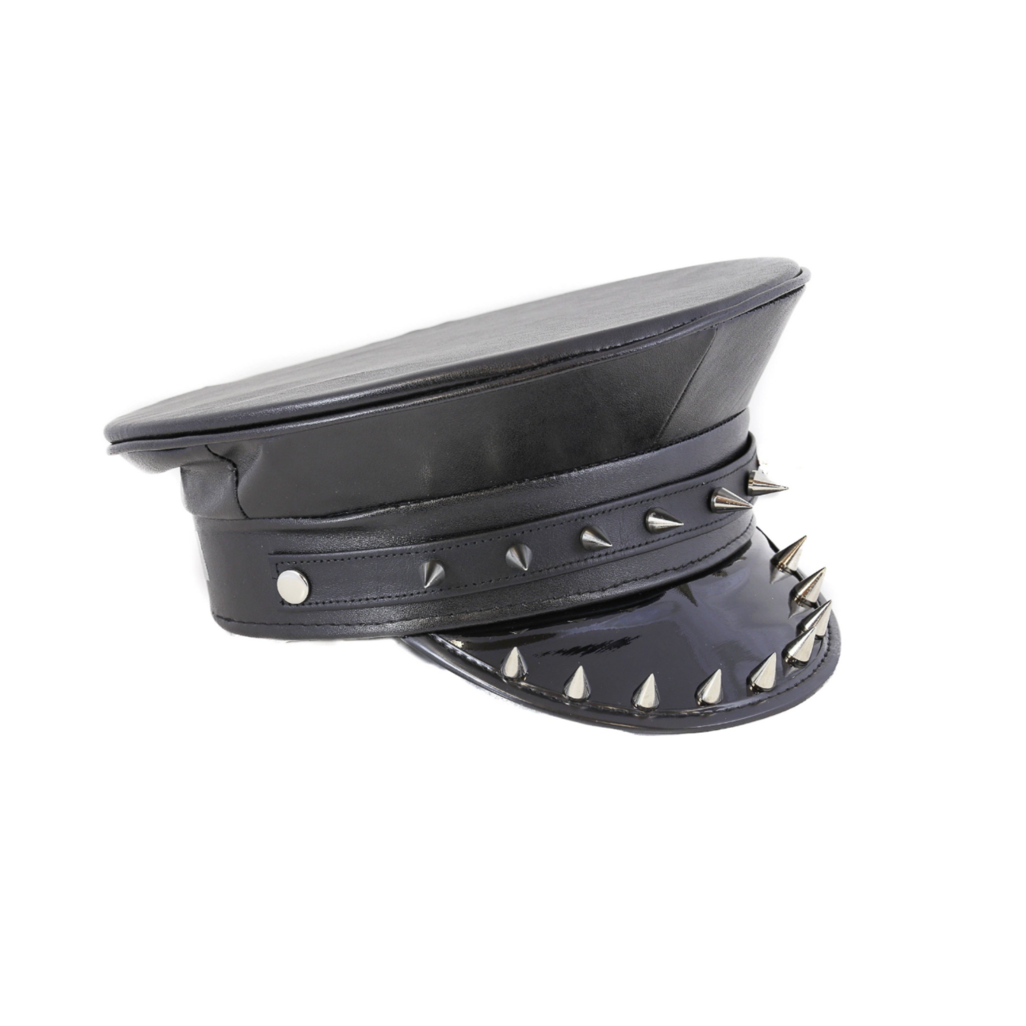 cone spike captain hat police style fetish gothic headwear vegan leather dual row metal spikes unisex accessory