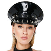 Leather patent-leather vegan-leather faux-leather accessories headgear hat police-hat captains-hat military-hat police-style spike spikes spiked dual-row cone-spikes spiked-band spiked-visor adjustable inner-band velcro edgy authority fetish fashion alt-fashon alternative punk goth goth-doll gothic bedroom dungeon festival festival-accessories rave raver-babe bondage bdsm bdsm-gear bdsm-fashion domination dominatrix kink kinky kinkwear power-play costume cosplay halloween halloween-accessories unisex black
