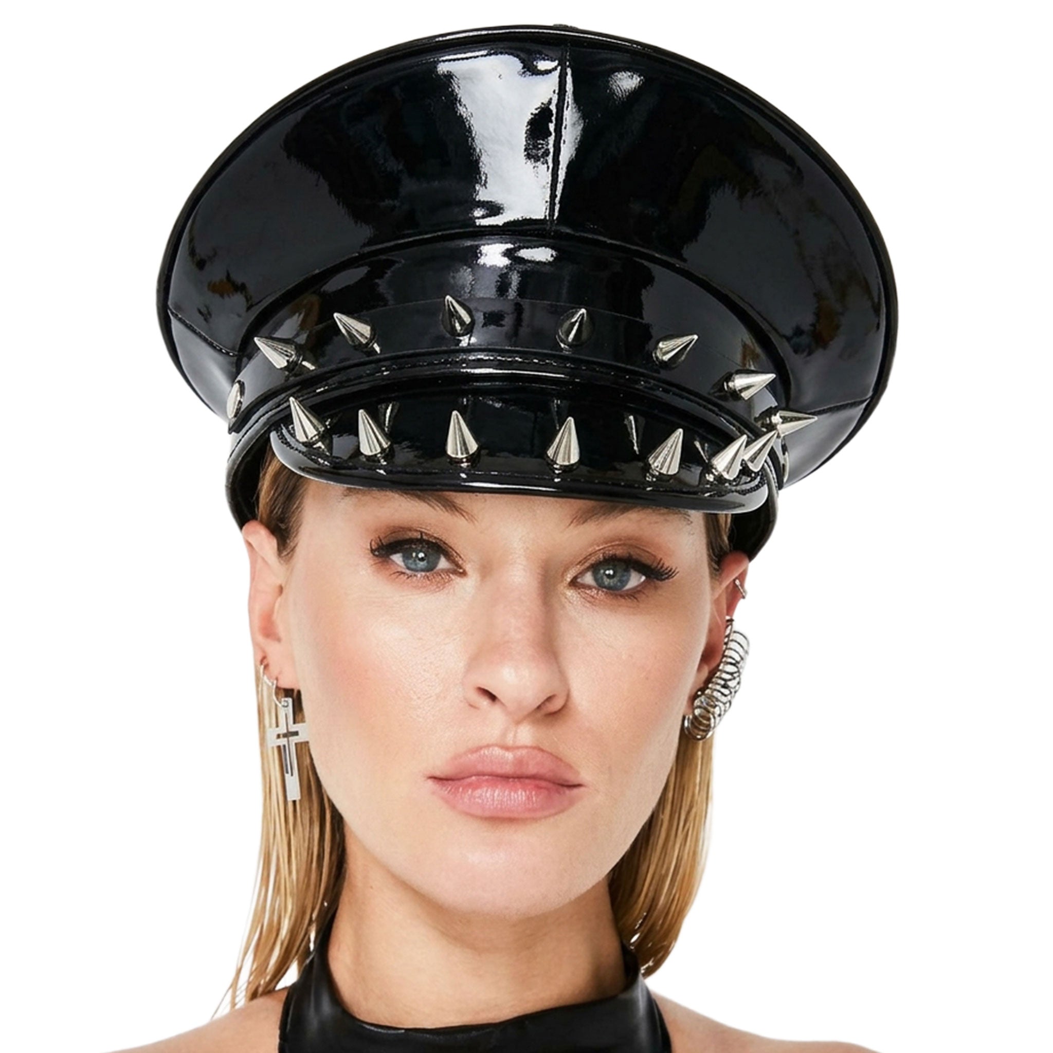 Leather patent-leather vegan-leather faux-leather accessories headgear hat police-hat captains-hat military-hat police-style spike spikes spiked dual-row cone-spikes spiked-band spiked-visor adjustable inner-band velcro edgy authority fetish fashion alt-fashon alternative punk goth goth-doll gothic bedroom dungeon festival festival-accessories rave raver-babe bondage bdsm bdsm-gear bdsm-fashion domination dominatrix kink kinky kinkwear power-play costume cosplay halloween halloween-accessories unisex black
