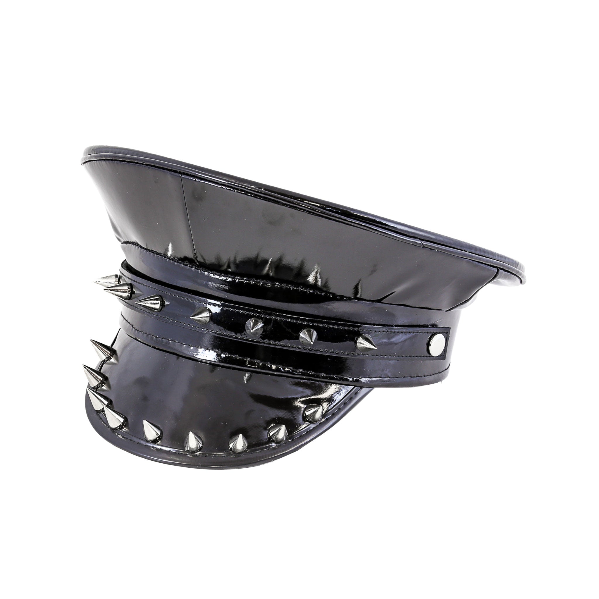 Leather patent-leather vegan-leather faux-leather accessories headgear hat police-hat captains-hat military-hat police-style spike spikes spiked dual-row cone-spikes spiked-band spiked-visor adjustable inner-band velcro edgy authority fetish fashion alt-fashon alternative punk goth goth-doll gothic bedroom dungeon festival festival-accessories rave raver-babe bondage bdsm bdsm-gear bdsm-fashion domination dominatrix kink kinky kinkwear power-play costume cosplay halloween halloween-accessories unisex black