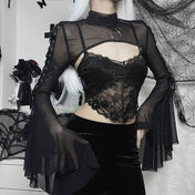 Sheer Black Mesh Top with High Neck and Flared Sleeves