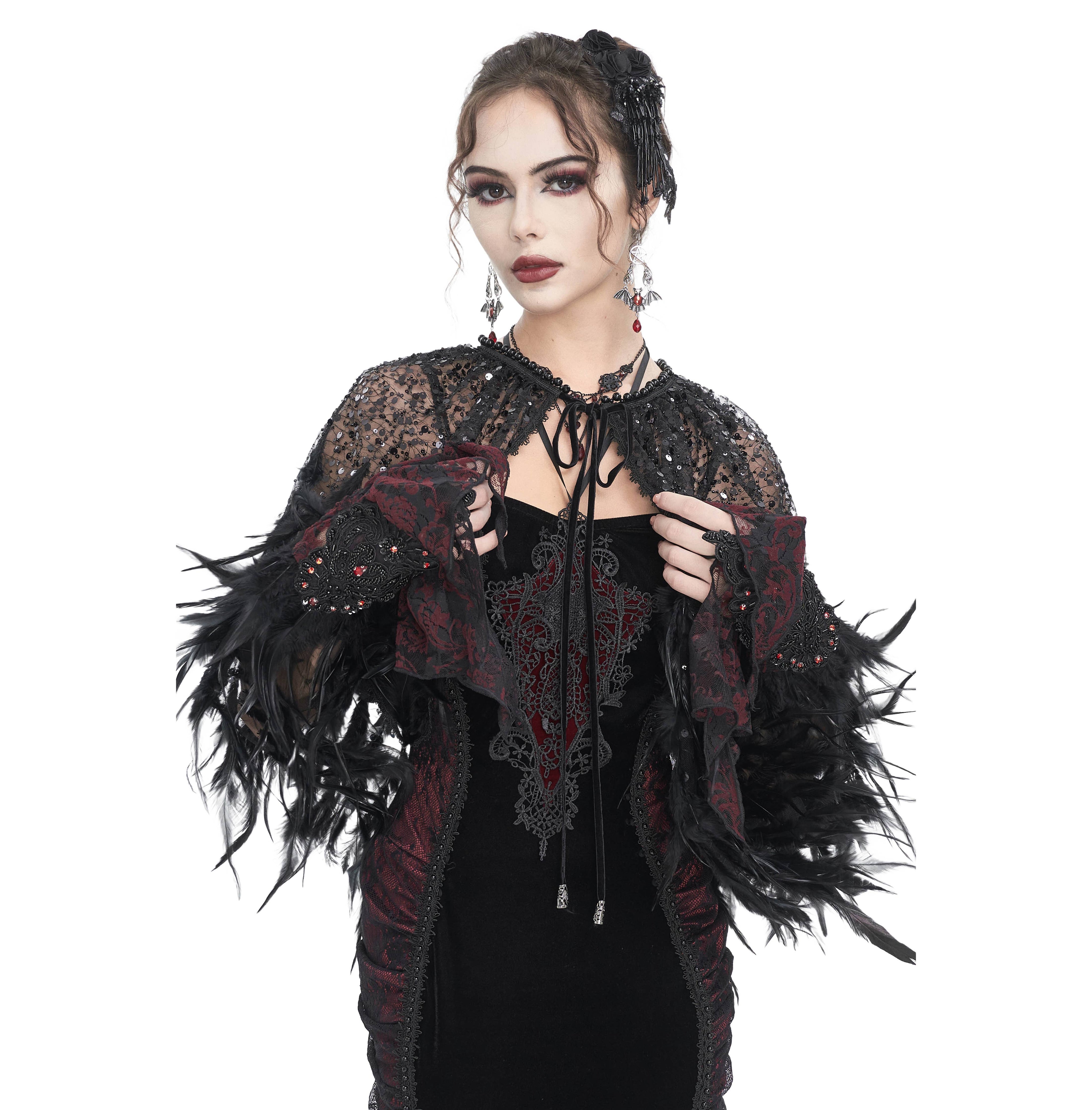  Gothic sheer sequin shawl with black feathers, elegant gothic black shawl, sequin and feather gothic wrap, sheer gothic feather shawl for costumes and parties, fetish gothic accessories