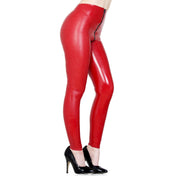 Latex rubber apparel bottoms pants leggings long-leg long high-waist hi-waist pull-on no-pockets zipper zip 3way 3-way three-way easy-access shiny glossy stretchy eye-catching curve-hugging fetish fashion alt-fashion alternative punk rock goth gothic retro cyber cyberpunk dungeon clubbing festivalwear ravewear raver-babe bondage bdsm bdsm-fashion kink kinky kinkwear costume cosplay halloween female femme feminine womens red