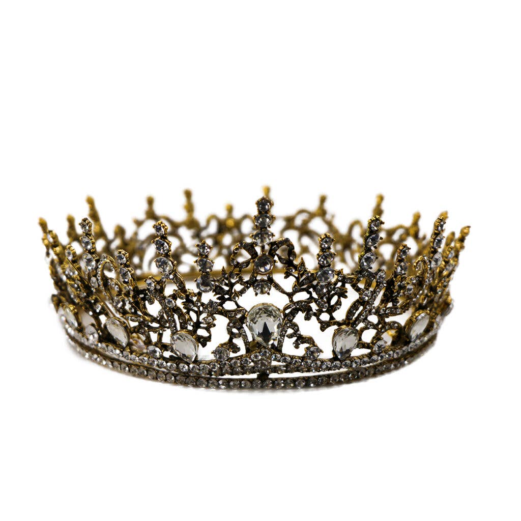 Heavy Metal Jeweled Crown Antique Gold, dark jeweled royal crown, antique gold fetish crown, regal gothic accessory, heavy metal crown for domination, sexy gothic headpiece for festivals and costume parties.