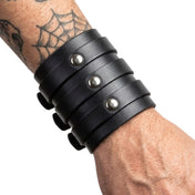 Leather genuine-leather accessories jewelry bracer bracelet wrist-cuff wrist adjustable buckle buckling straps grommets riveted-straps sexy soft fetish fashion alt-fashion alternative rock punk goth gothic cyber festival renfaire renaissance fantasy bondage bdsm bdsm-gear bdsm-fashion kink kinky kinkwear restraints costume cosplay halloween halloween-accessories gift holiday-gifts holiday-shop male masculine masc mens menswear guys dudes unisex black