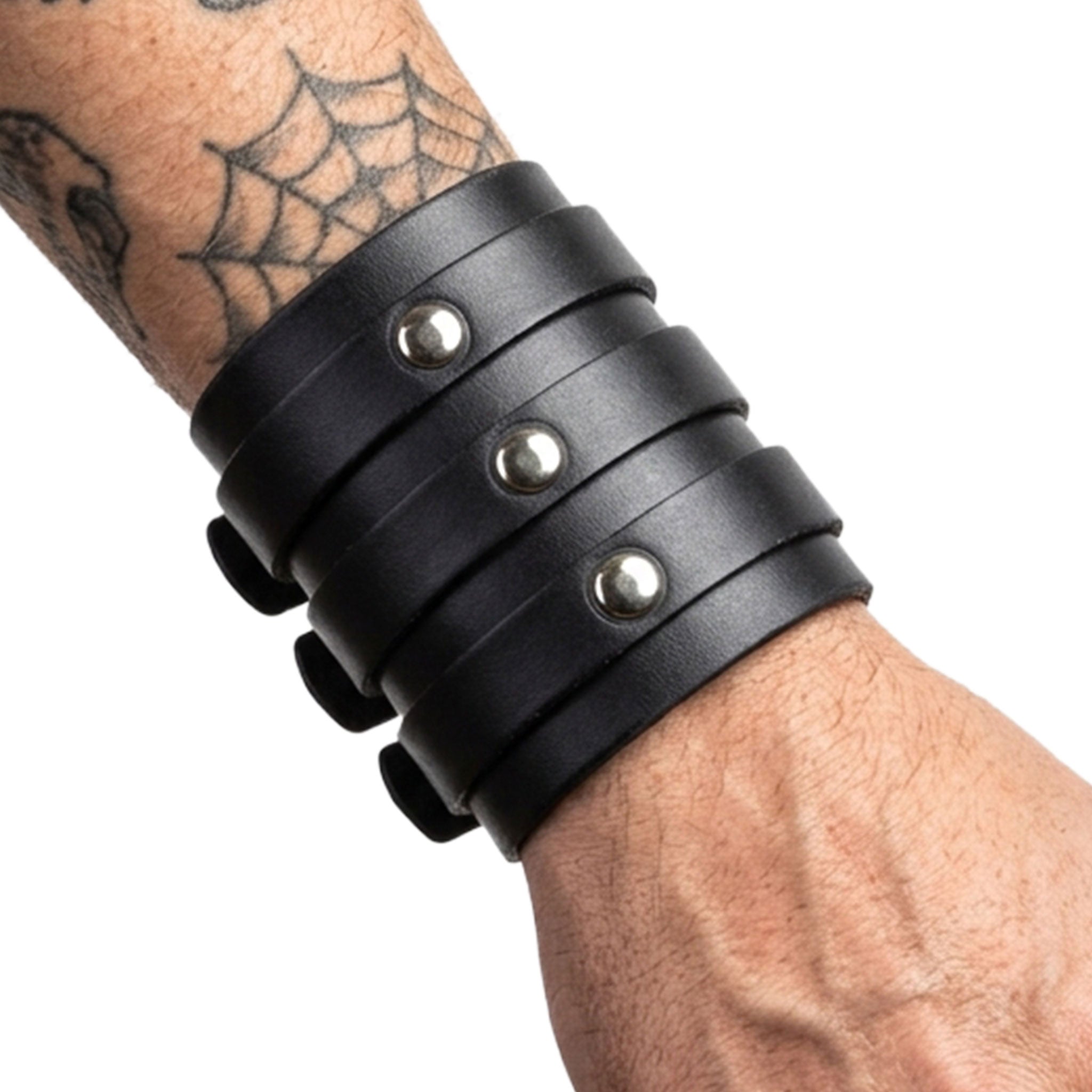 Leather genuine-leather accessories jewelry bracer bracelet wrist-cuff wrist adjustable buckle buckling straps grommets riveted-straps sexy soft fetish fashion alt-fashion alternative rock punk goth gothic cyber festival renfaire renaissance fantasy bondage bdsm bdsm-gear bdsm-fashion kink kinky kinkwear restraints costume cosplay halloween halloween-accessories gift holiday-gifts holiday-shop male masculine masc mens menswear guys dudes unisex black