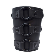 Leather coach-leather genuine-leather accessories arm-gear bracelet bracer gauntlet-style gauntlet short-gauntlet O-ring 3-ring three-ring wrist-cuff snap-button press-stud secure comfortable soft dark strong durable fetish fetishwear fashion alt-fashion alternative punk rock goth gothic cyber cyberpunk clubwear festival concert everyday bondage bdsm bdsm-fashion costume cosplay halloween unisex black