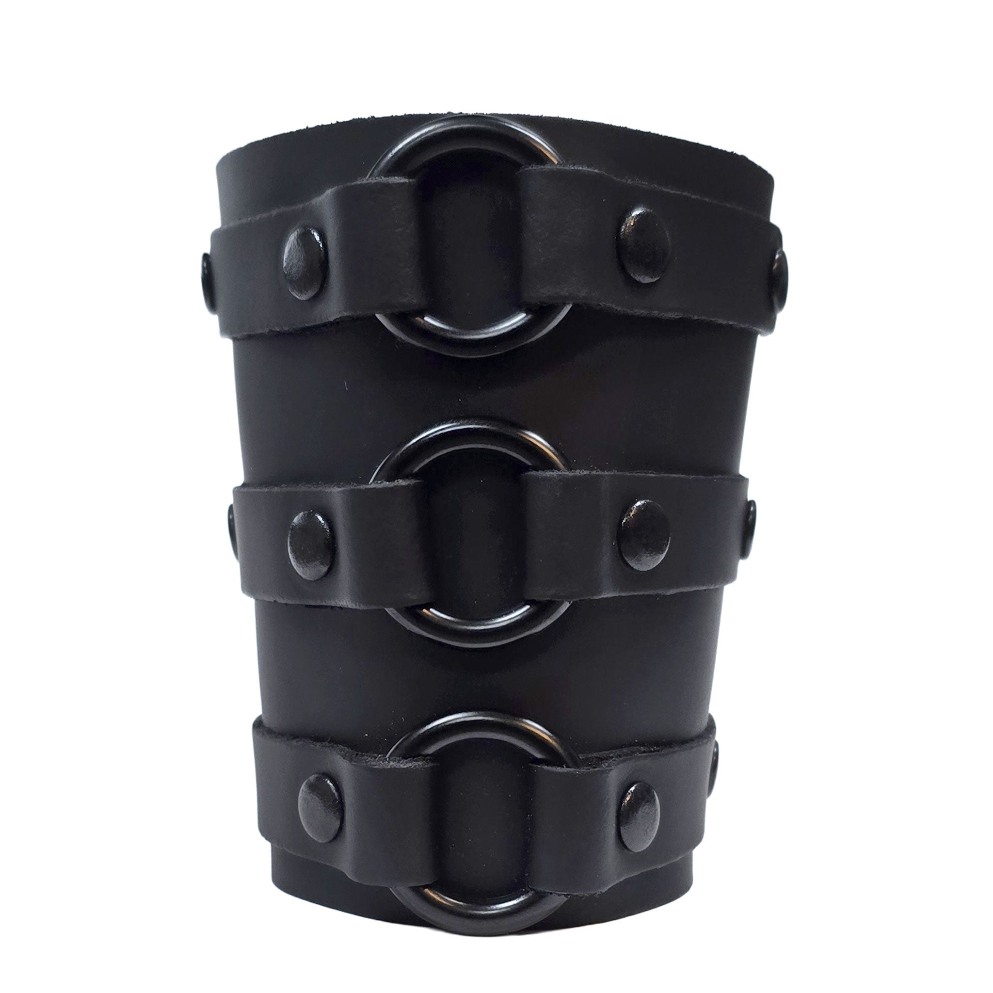 Leather coach-leather genuine-leather accessories arm-gear bracelet bracer gauntlet-style gauntlet short-gauntlet O-ring 3-ring three-ring wrist-cuff snap-button press-stud secure comfortable soft dark strong durable fetish fetishwear fashion alt-fashion alternative punk rock goth gothic cyber cyberpunk clubwear festival concert everyday bondage bdsm bdsm-fashion costume cosplay halloween unisex black