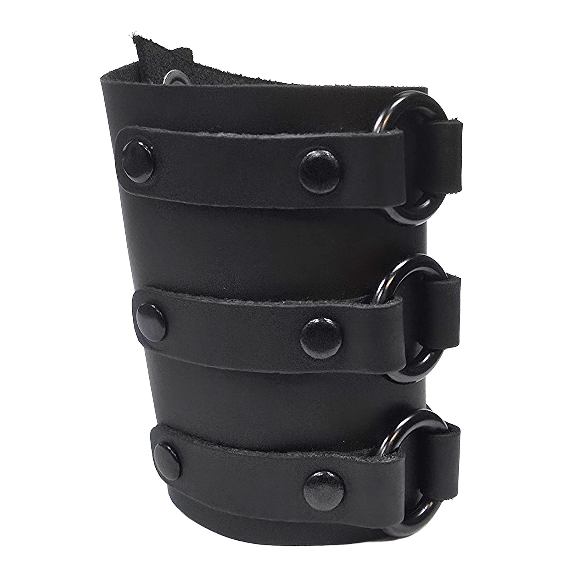 Leather coach-leather genuine-leather accessories arm-gear bracelet bracer gauntlet-style gauntlet short-gauntlet O-ring 3-ring three-ring wrist-cuff snap-button press-stud secure comfortable soft dark strong durable fetish fetishwear fashion alt-fashion alternative punk rock goth gothic cyber cyberpunk clubwear festival concert everyday bondage bdsm bdsm-fashion costume cosplay halloween unisex black
