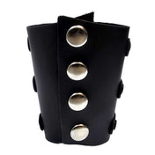 Leather coach-leather genuine-leather accessories arm-gear bracelet bracer gauntlet-style gauntlet short-gauntlet O-ring 3-ring three-ring wrist-cuff snap-button press-stud secure comfortable soft dark strong durable fetish fetishwear fashion alt-fashion alternative punk rock goth gothic cyber cyberpunk clubwear festival concert everyday bondage bdsm bdsm-fashion costume cosplay halloween unisex black