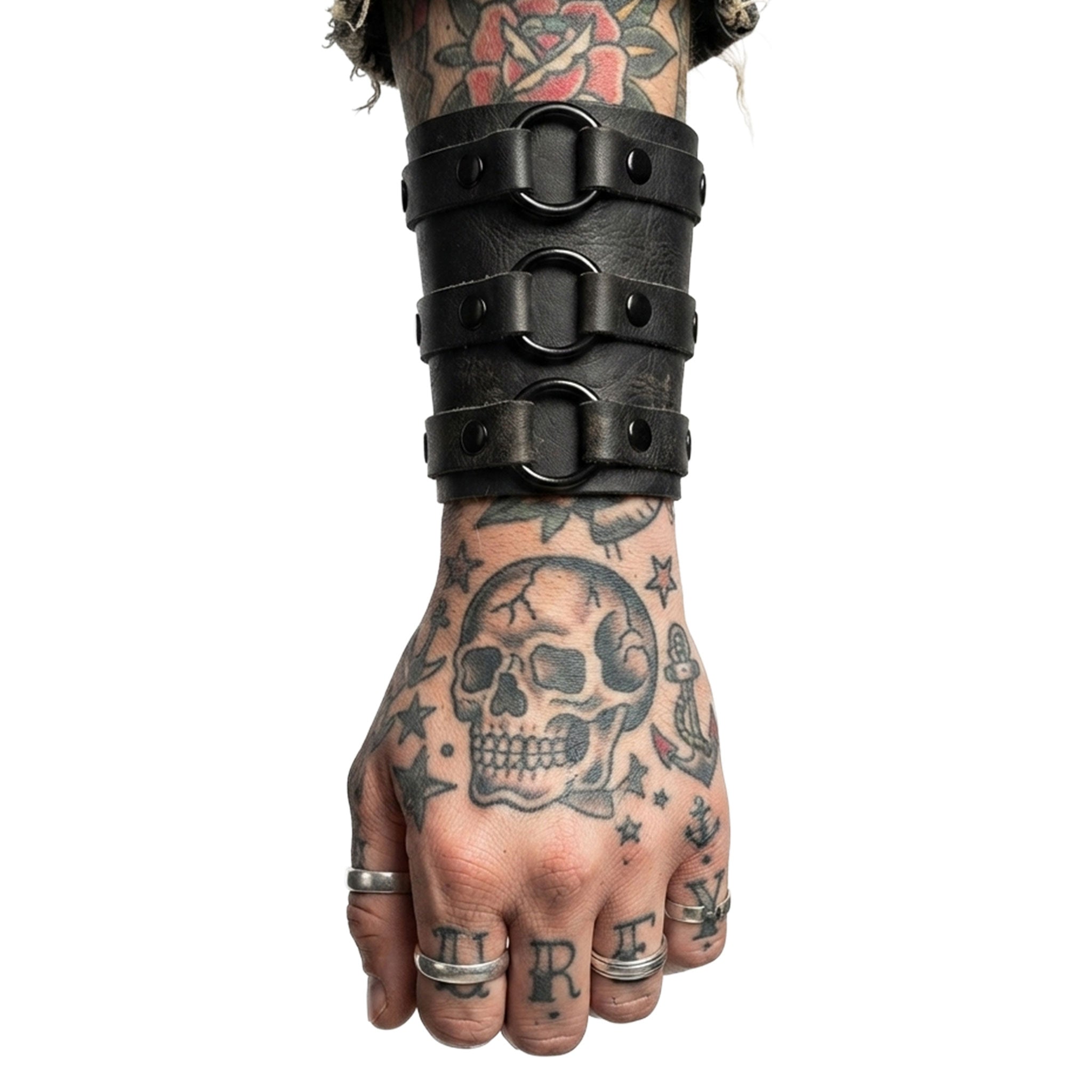 Leather coach-leather genuine-leather accessories arm-gear bracelet bracer gauntlet-style gauntlet short-gauntlet O-ring 3-ring three-ring wrist-cuff snap-button press-stud secure comfortable soft dark strong durable fetish fetishwear fashion alt-fashion alternative punk rock goth gothic cyber cyberpunk clubwear festival concert everyday bondage bdsm bdsm-fashion costume cosplay halloween unisex black