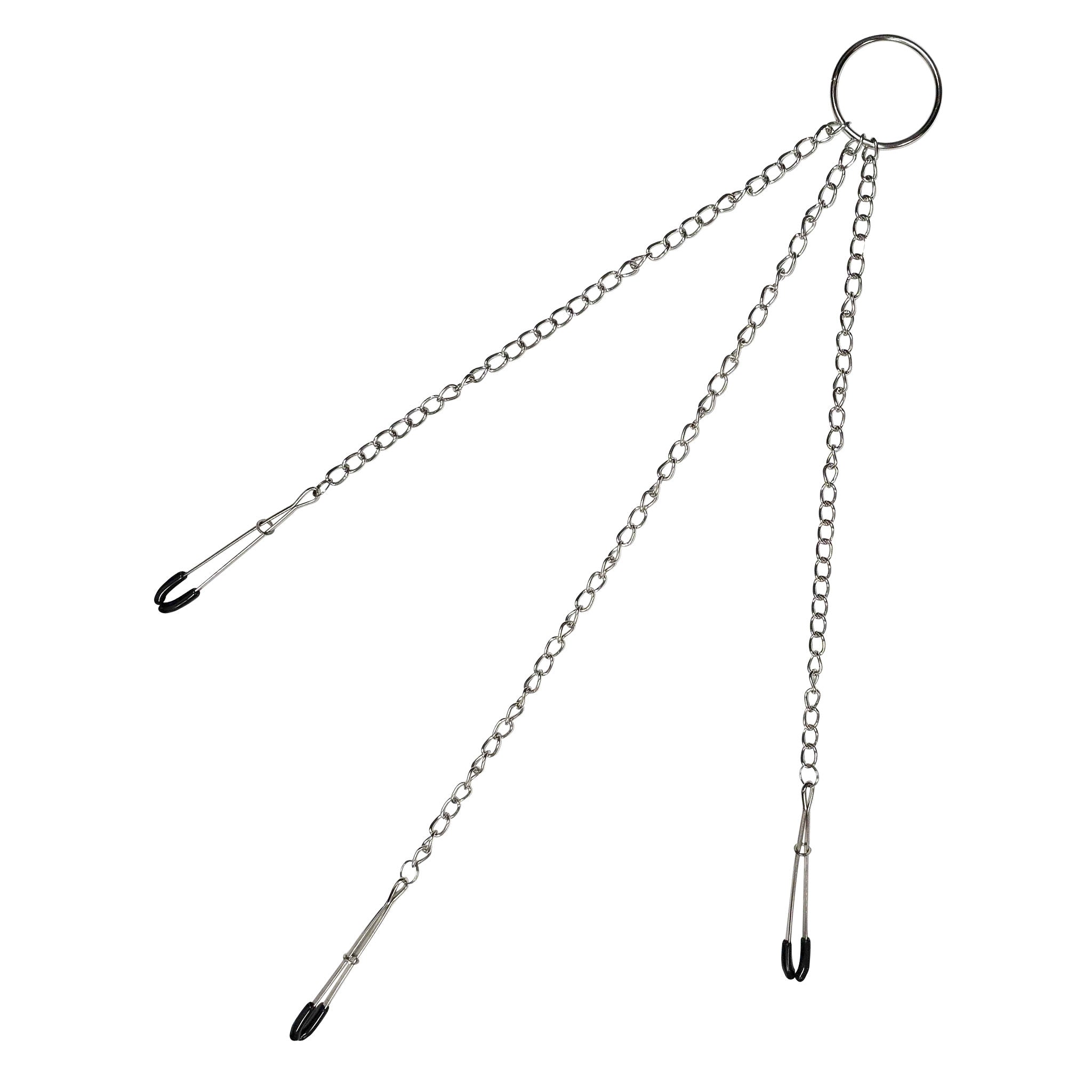Stainless-steel chained chain nipple nipple-play nipple-torture set tweezers pinch clamps Y-shaped clit clitoris clitoral genital rubber-tip O-ring fetish fashion alt-fashion bdsm bondage sadism masochism kink kinky kinky-play pain adult-toys chrome black