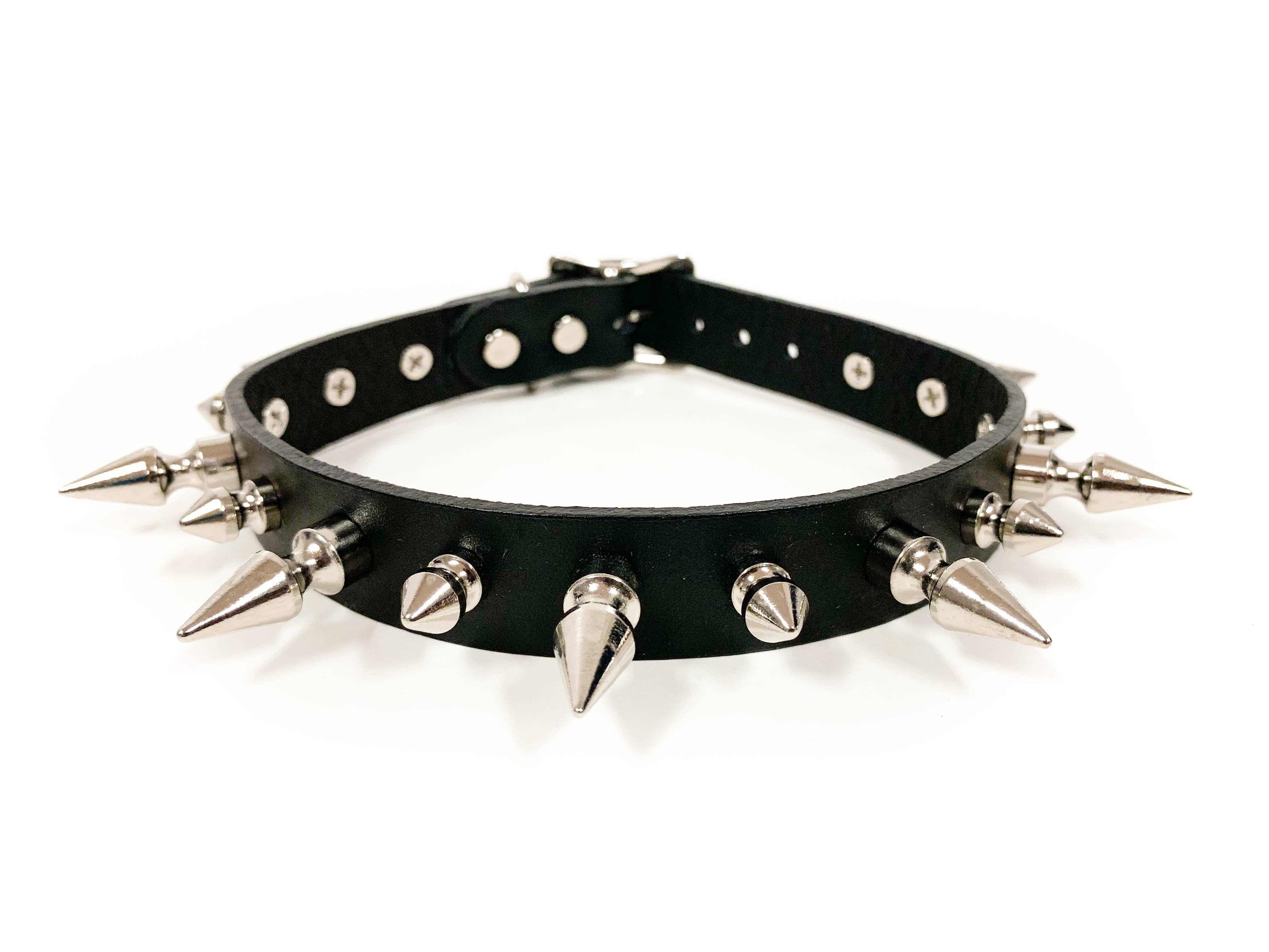 3/4" BLACK LEATHER CHOKER WITH 1/2" AND 1" SPIKES