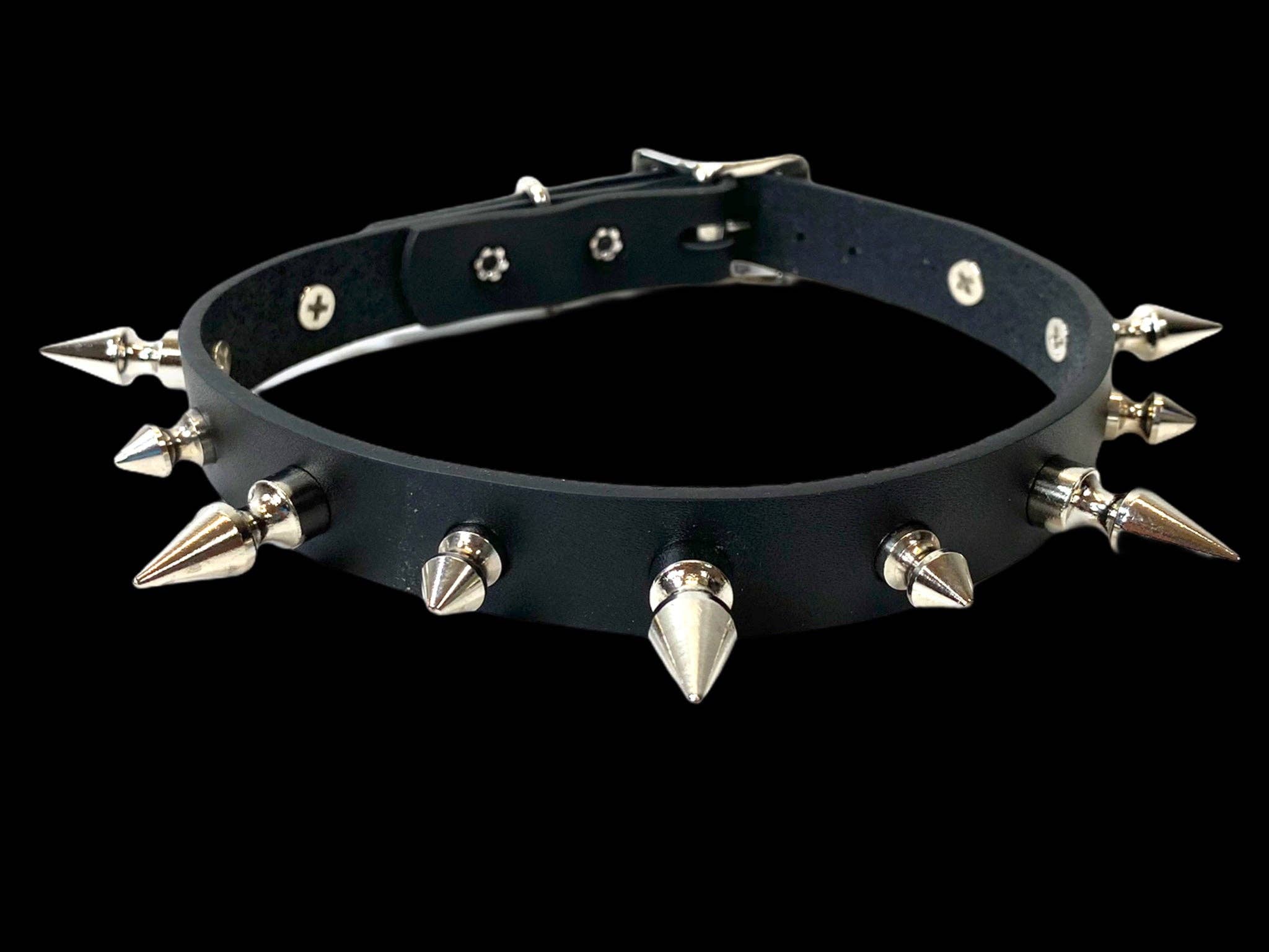 3/4" BLACK LEATHER CHOKER WITH 1/2" AND 1" SPIKES